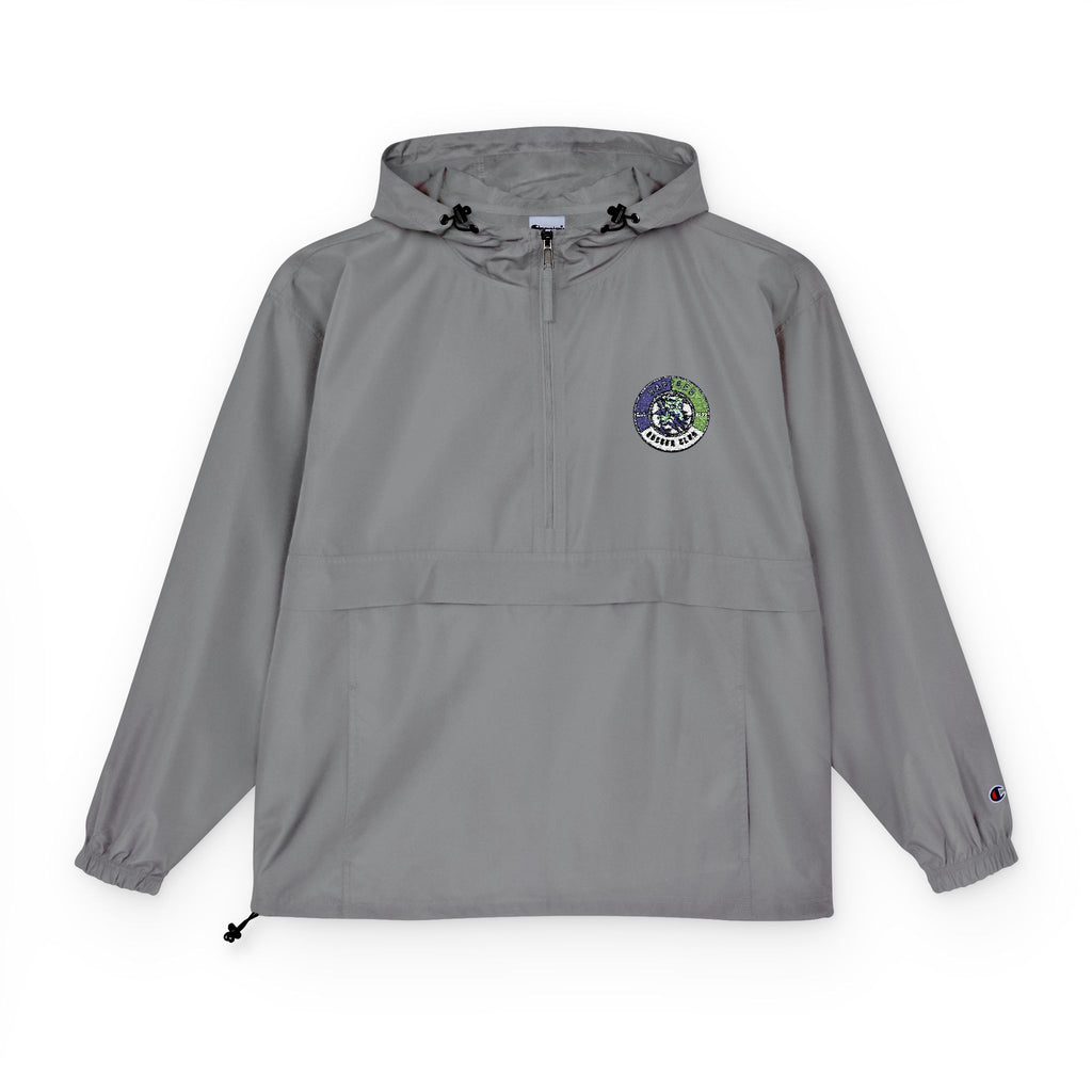 Light Blue Packable Anorak Jacket with Floral Globe Patch — Champion Windbreaker