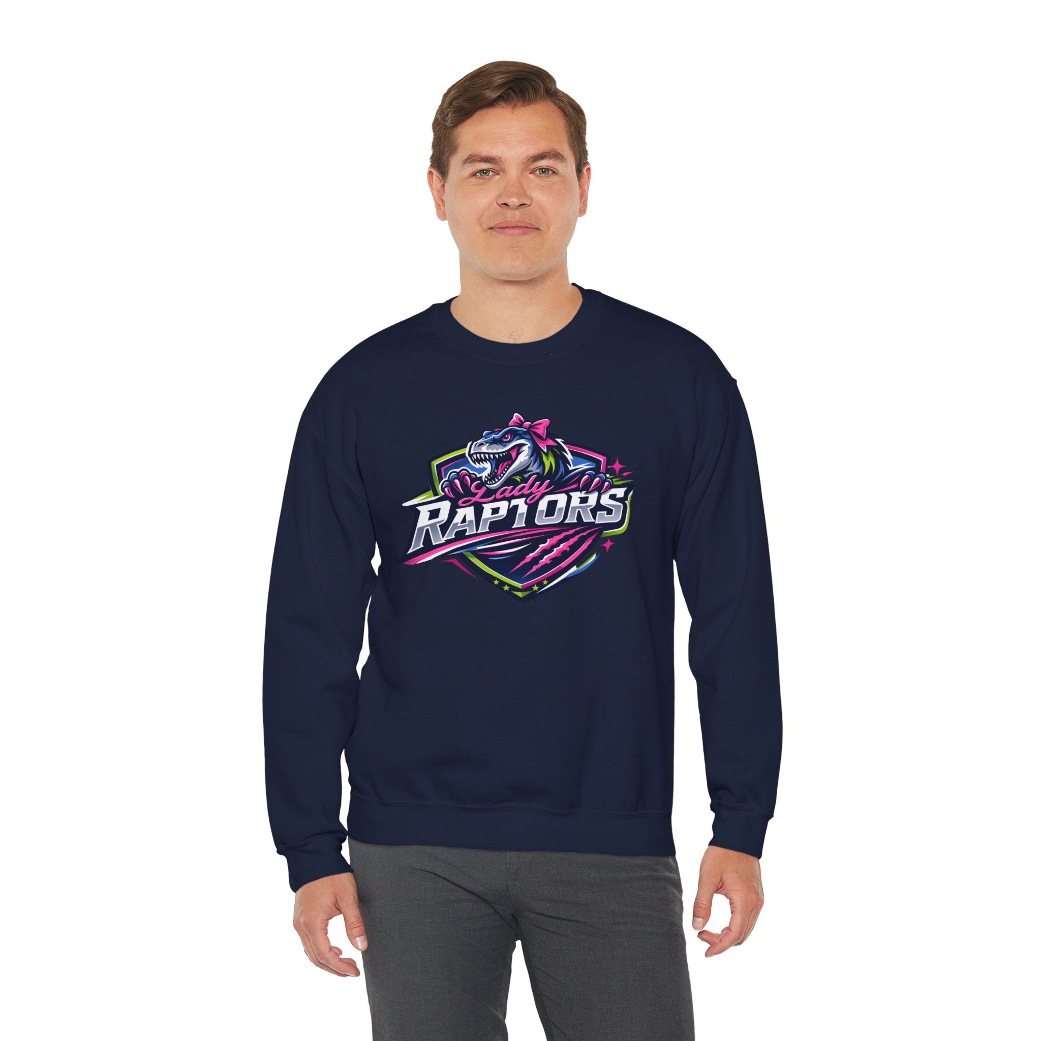 Lady Raptors Crewneck Sweatshirt — Neon Dinosaur Sports Logo