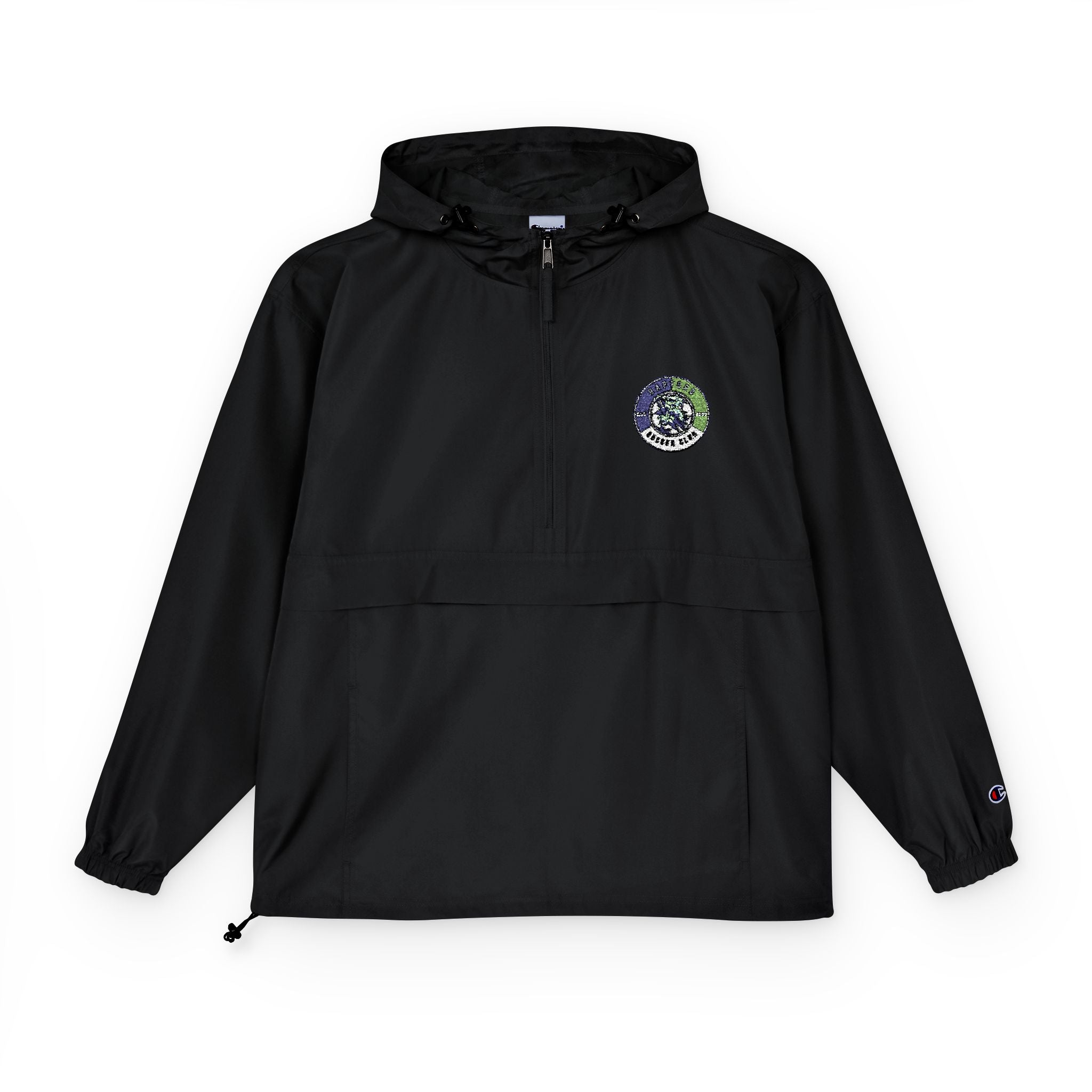 Light Blue Packable Anorak Jacket with Floral Globe Patch — Champion Windbreaker