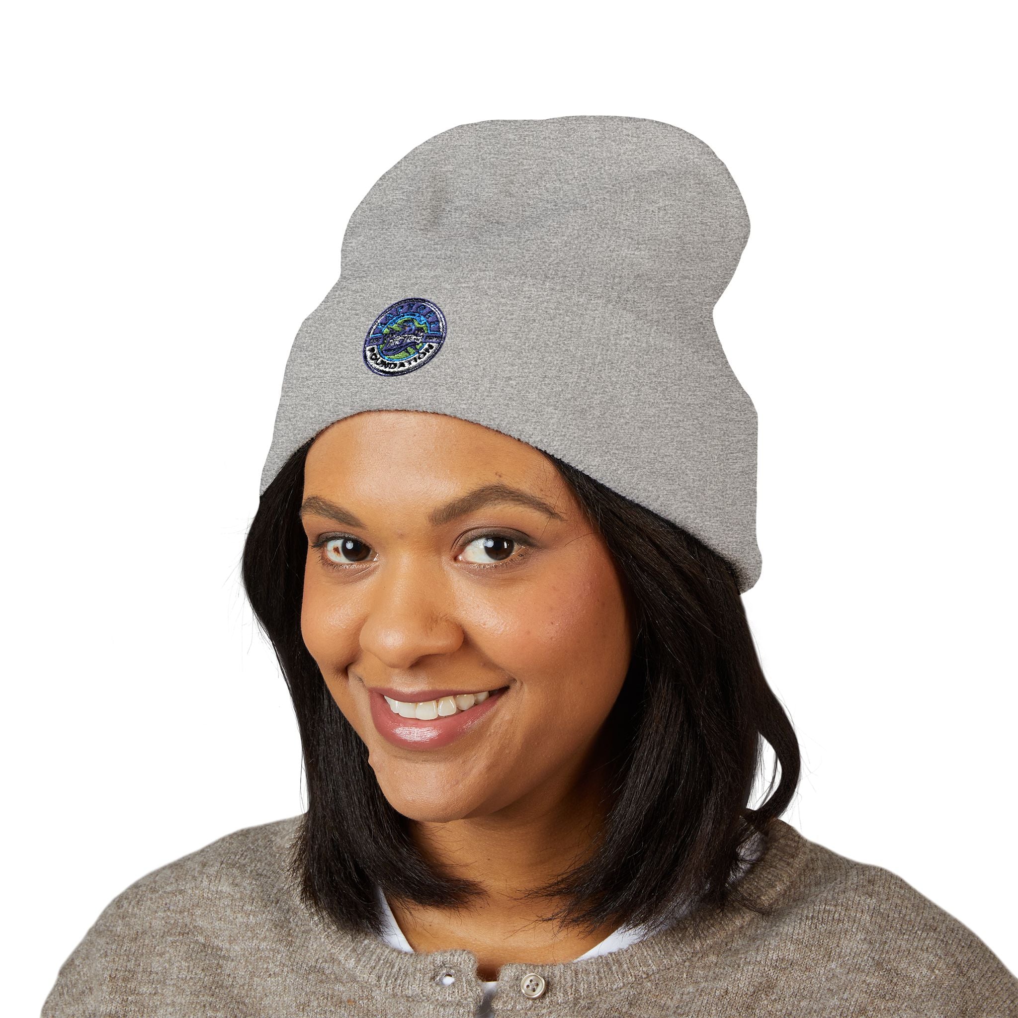 Embroidered Earth Cuffed Beanie — Eco Globe Patch Winter Hat