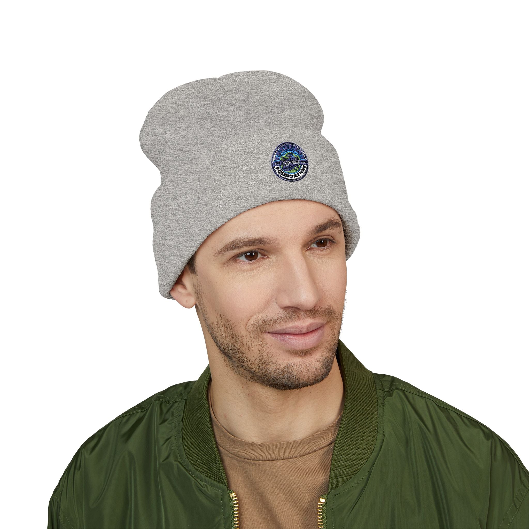 Embroidered Earth Cuffed Beanie — Eco Globe Patch Winter Hat