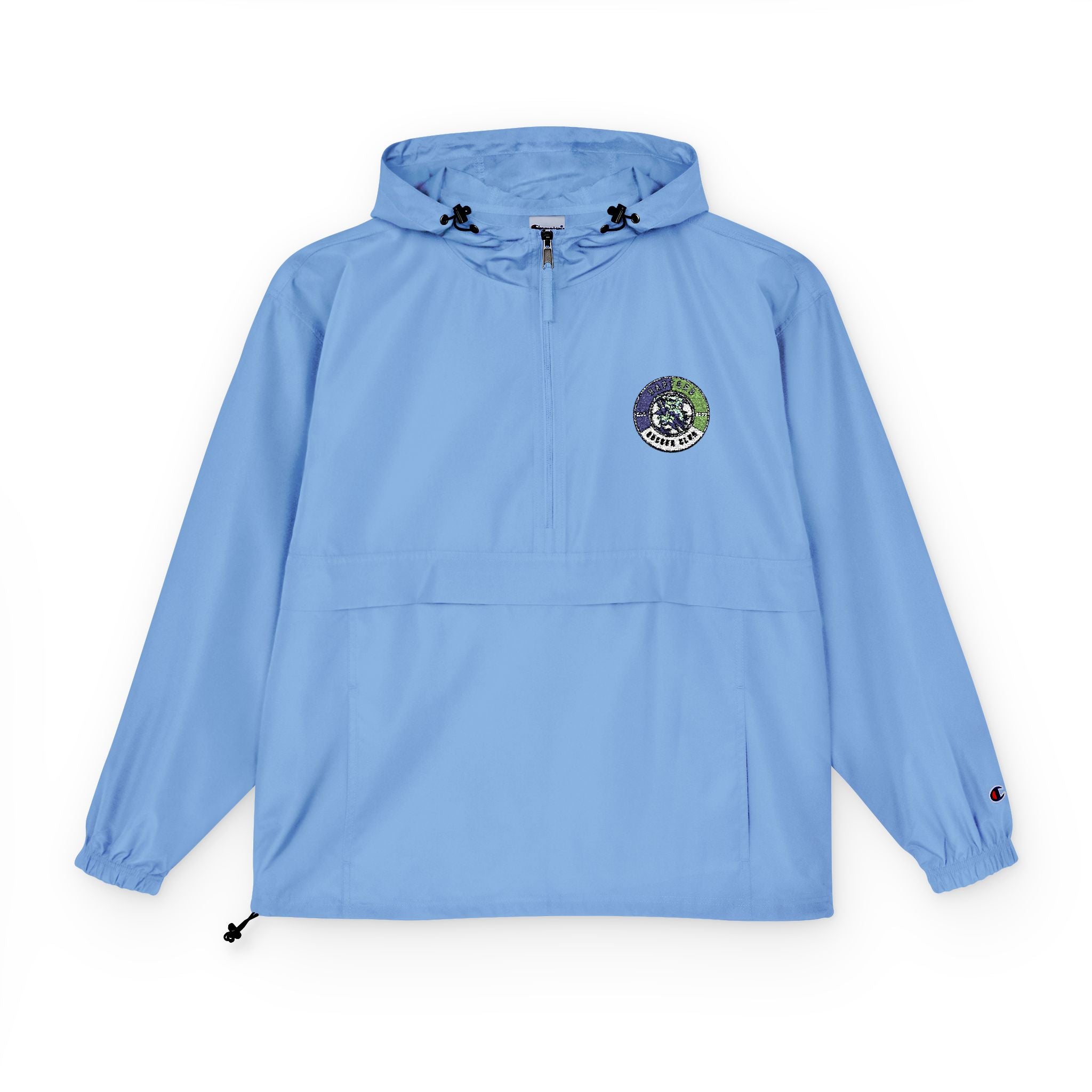 Light Blue Packable Anorak Jacket with Floral Globe Patch — Champion Windbreaker
