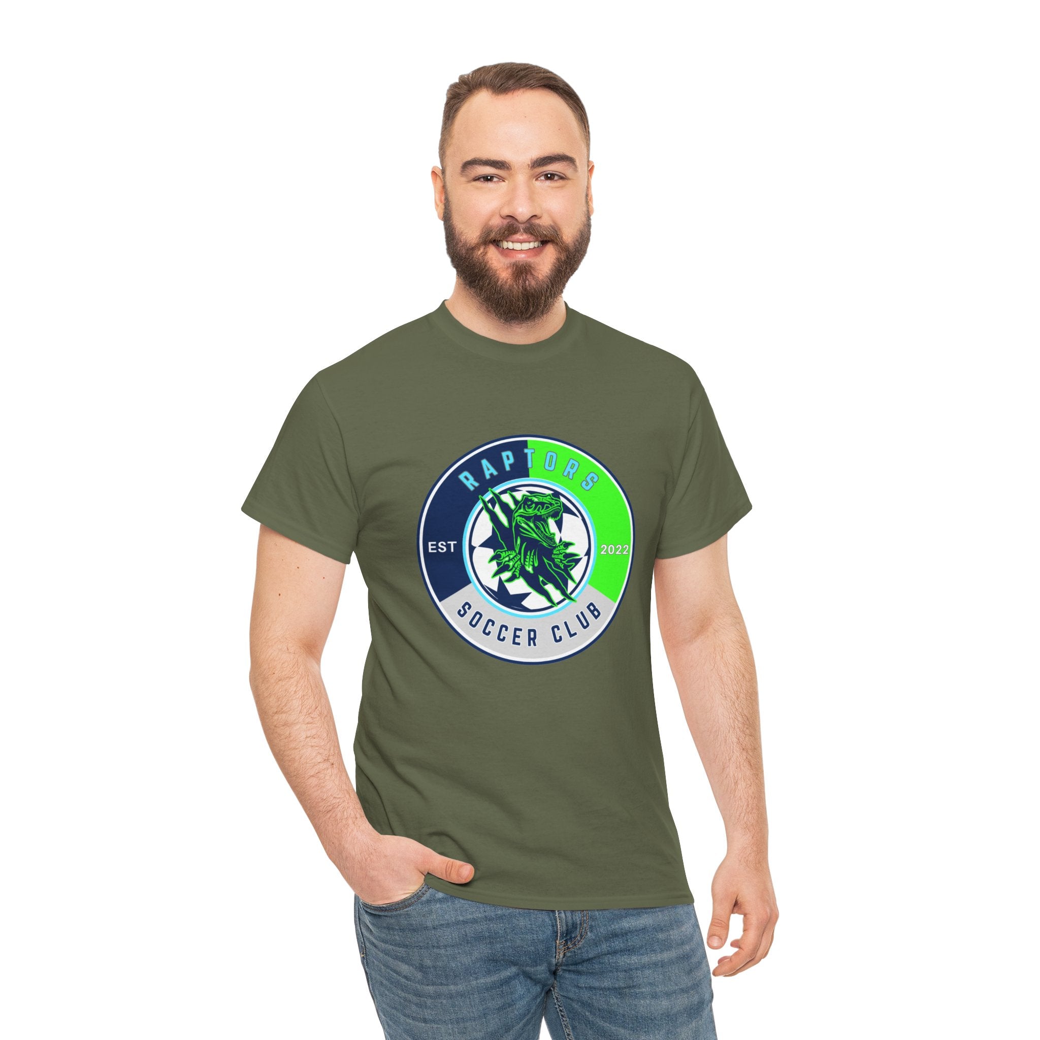 Raptors Soccer Club Logo Tee — Est. 2027 Neon Green & Blue