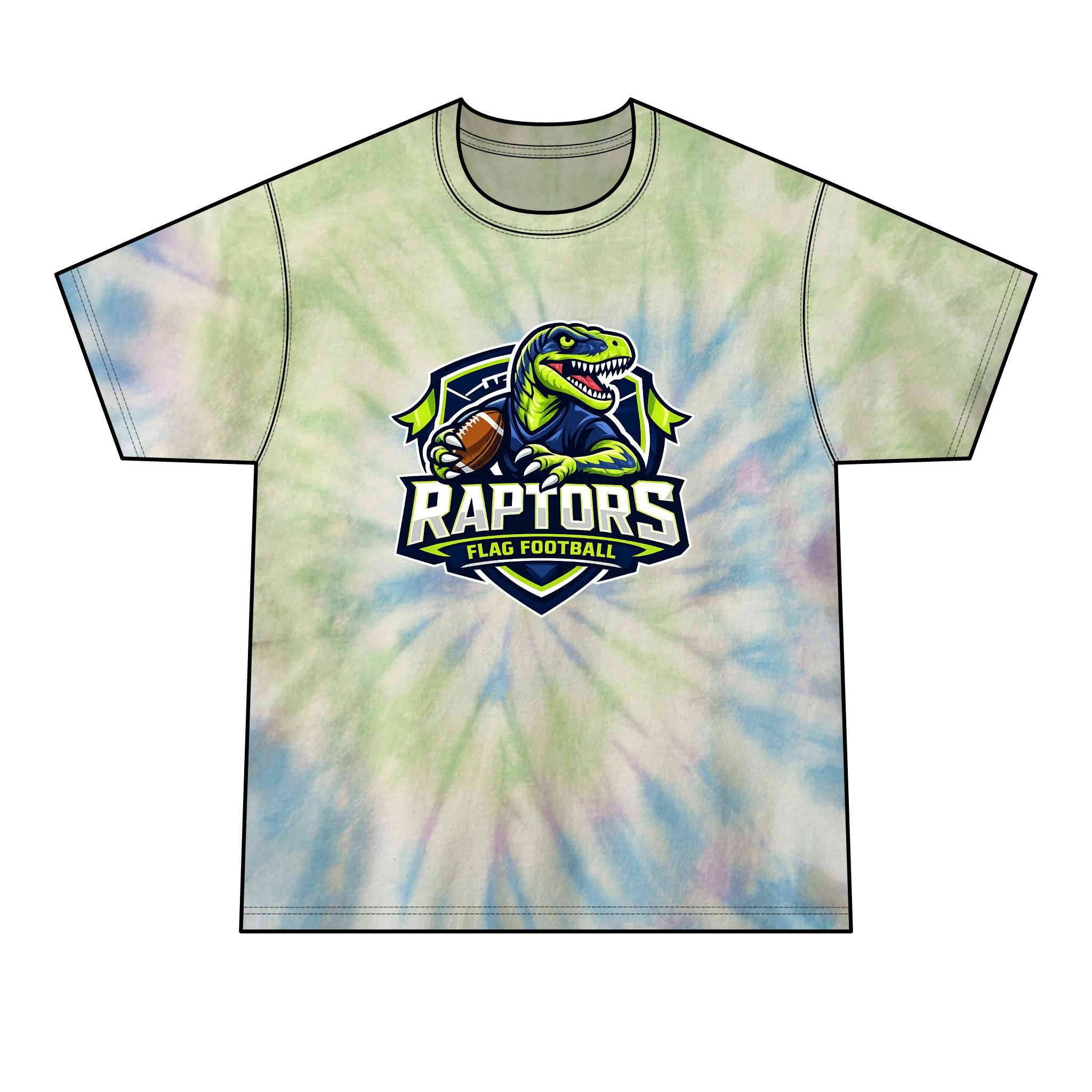 Raptors Flag Football Tie-Dye Tee — Neon Spiral Team Tee
