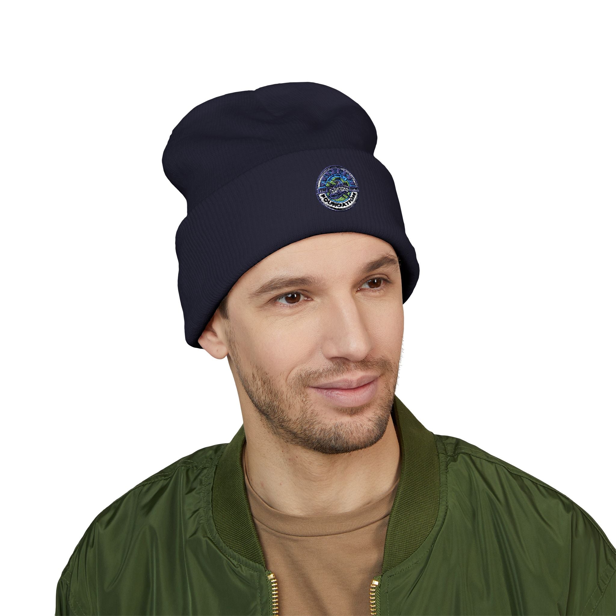 Embroidered Earth Cuffed Beanie — Eco Globe Patch Winter Hat