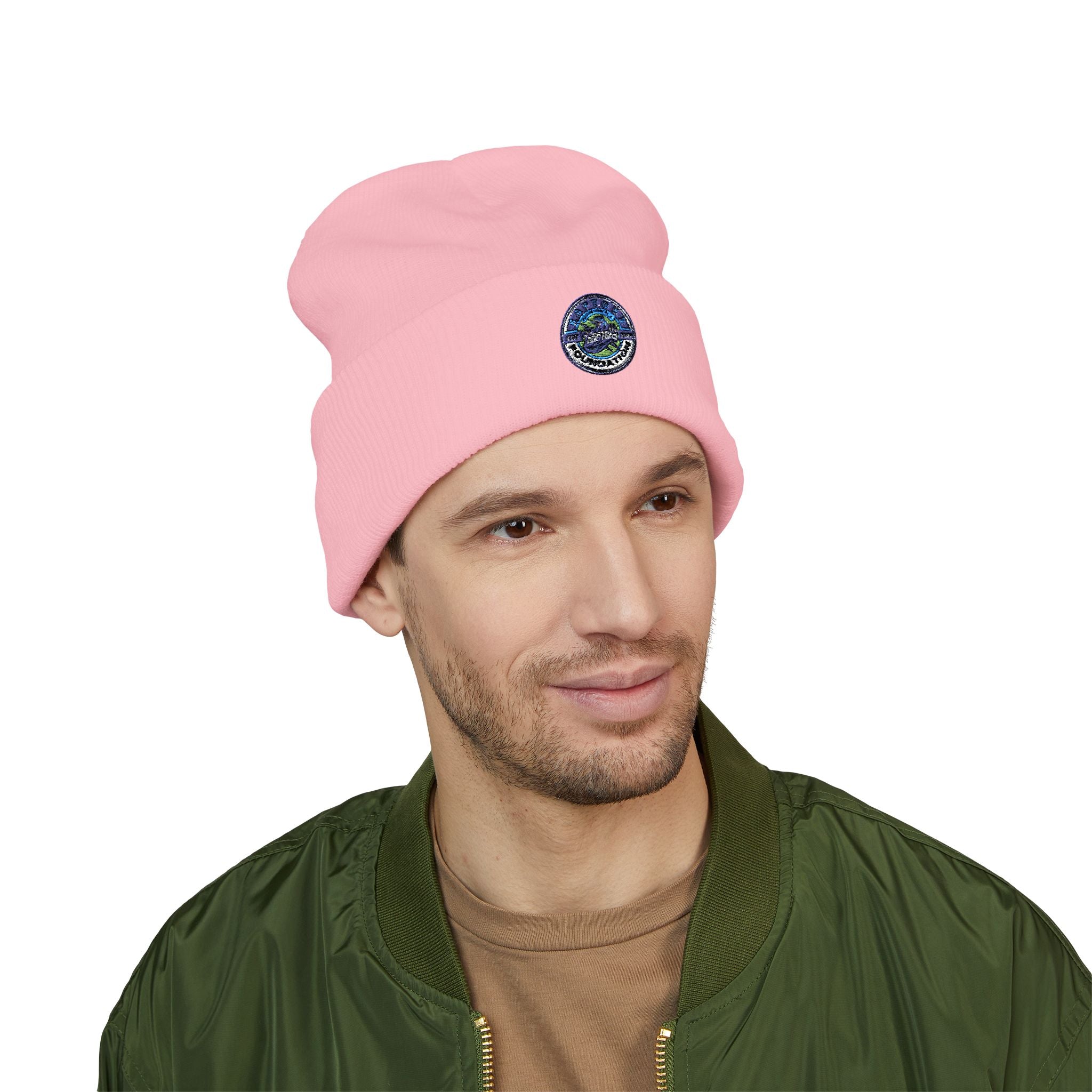 Embroidered Earth Cuffed Beanie — Eco Globe Patch Winter Hat