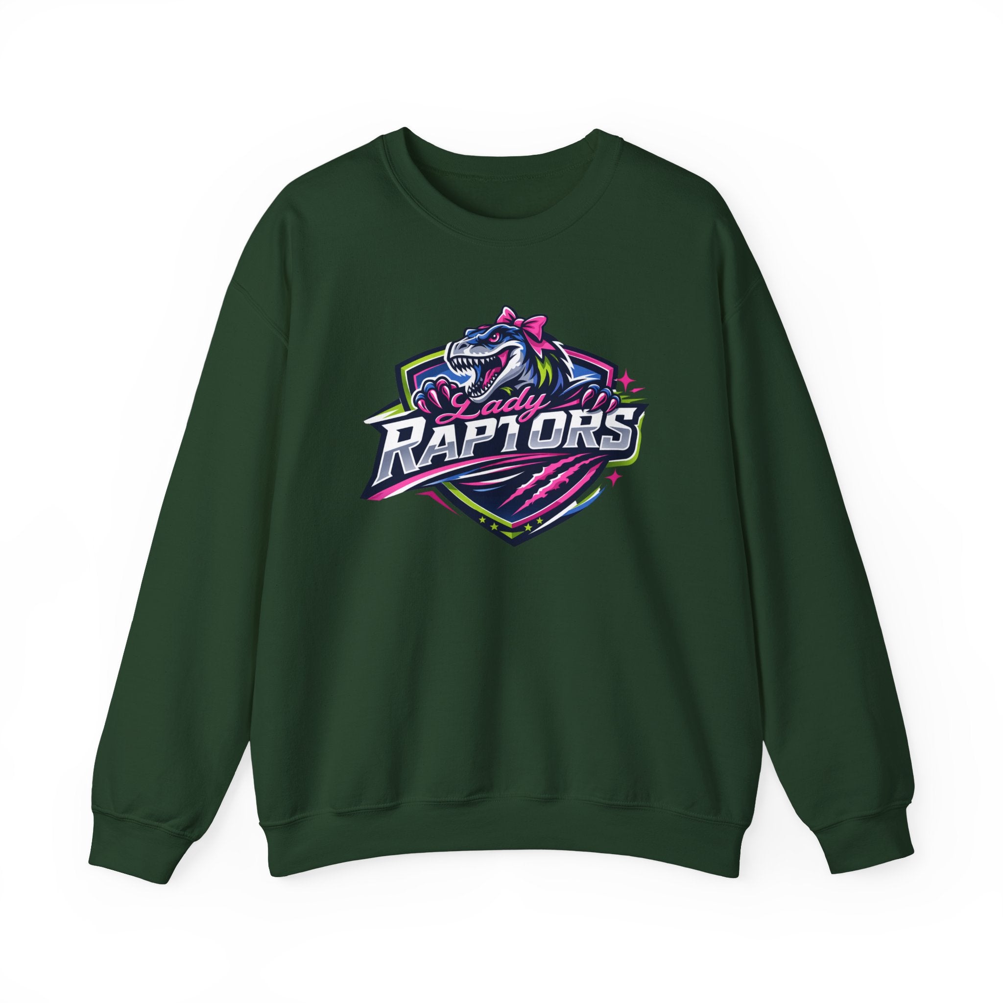 Lady Raptors Crewneck Sweatshirt — Neon Dinosaur Sports Logo