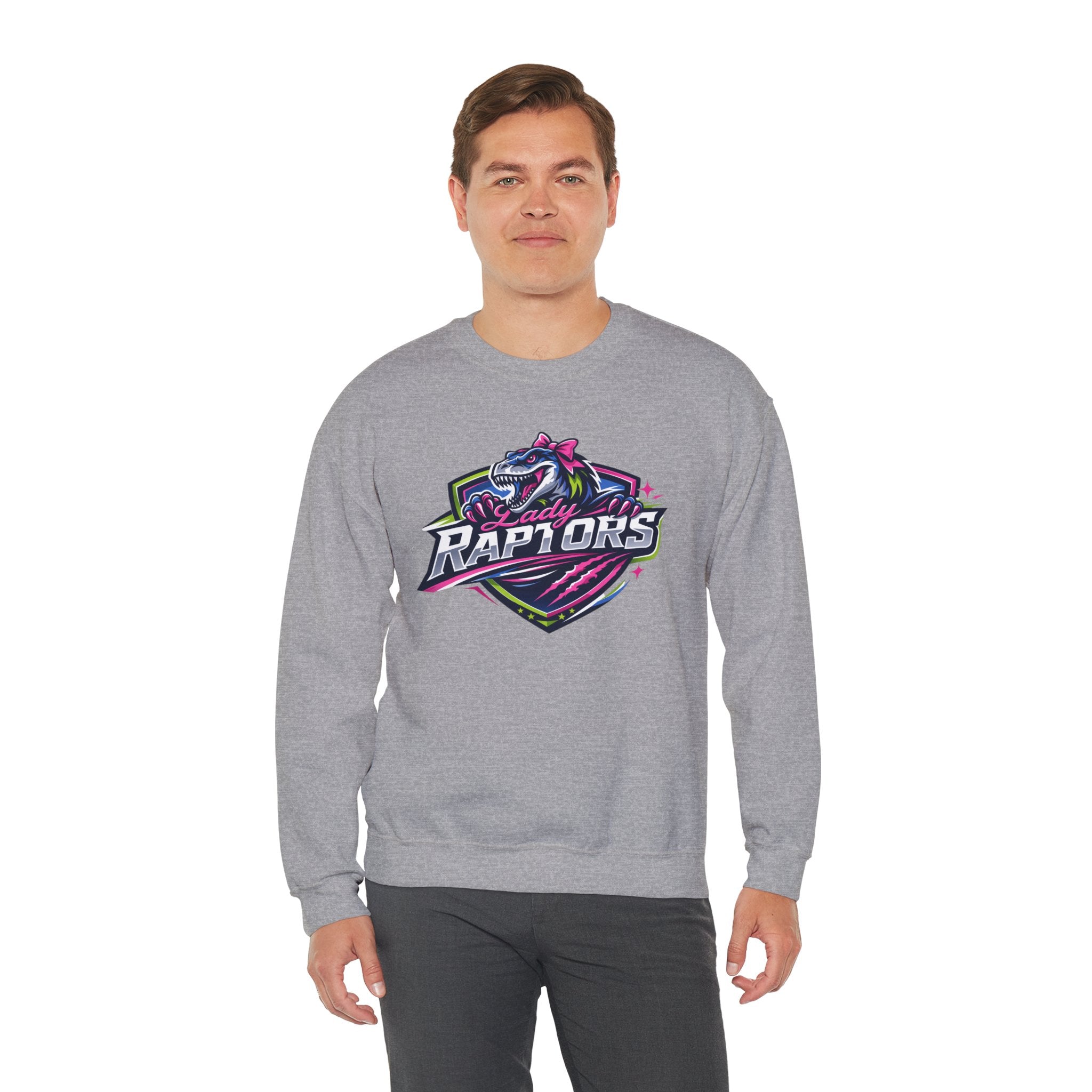 Lady Raptors Crewneck Sweatshirt — Neon Dinosaur Sports Logo