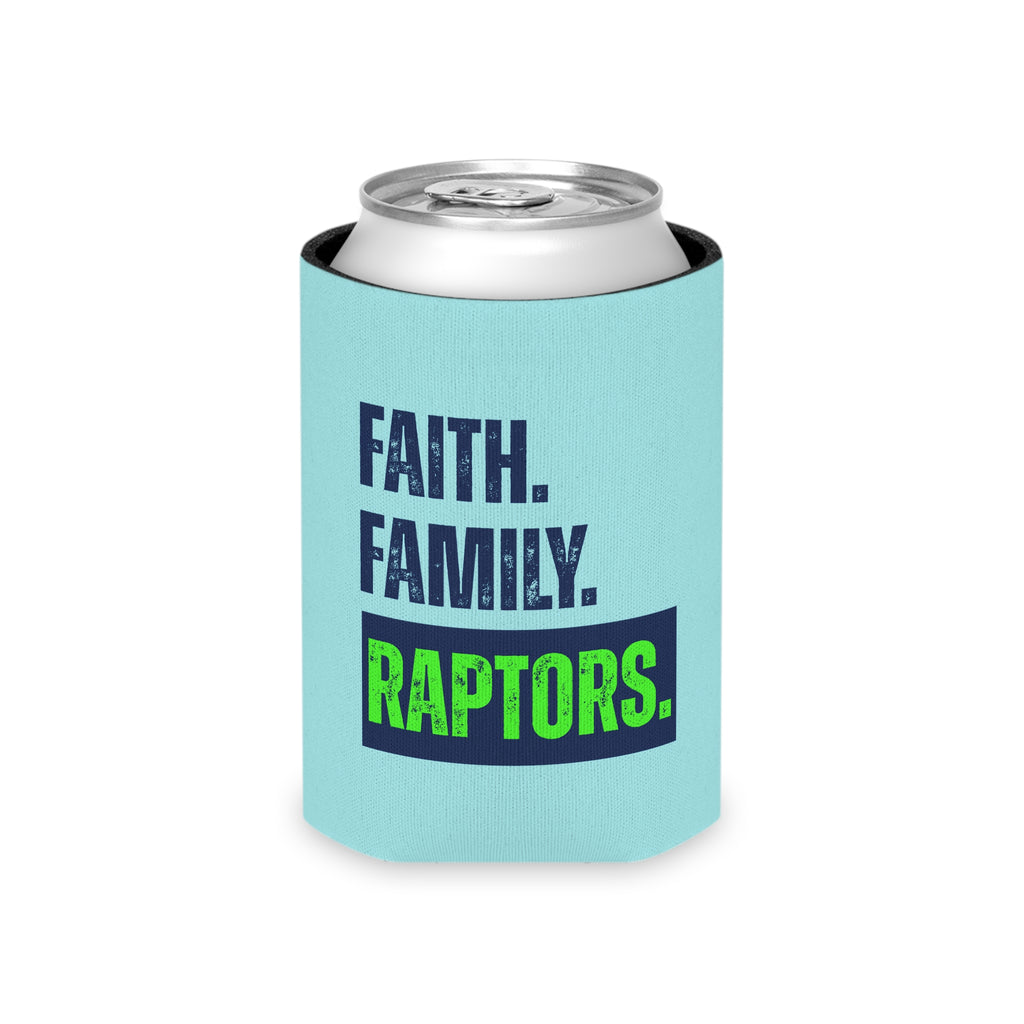 Raptors Can Cooler – Faith. Family. Raptors. Neon Dino Drink Koozie