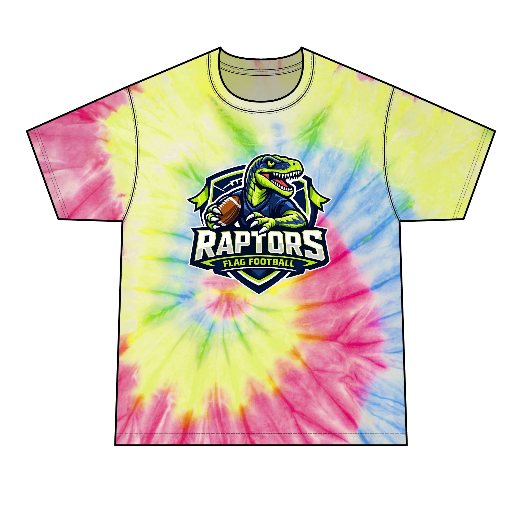 Raptors Flag Football Tie-Dye Tee — Neon Spiral Team Tee