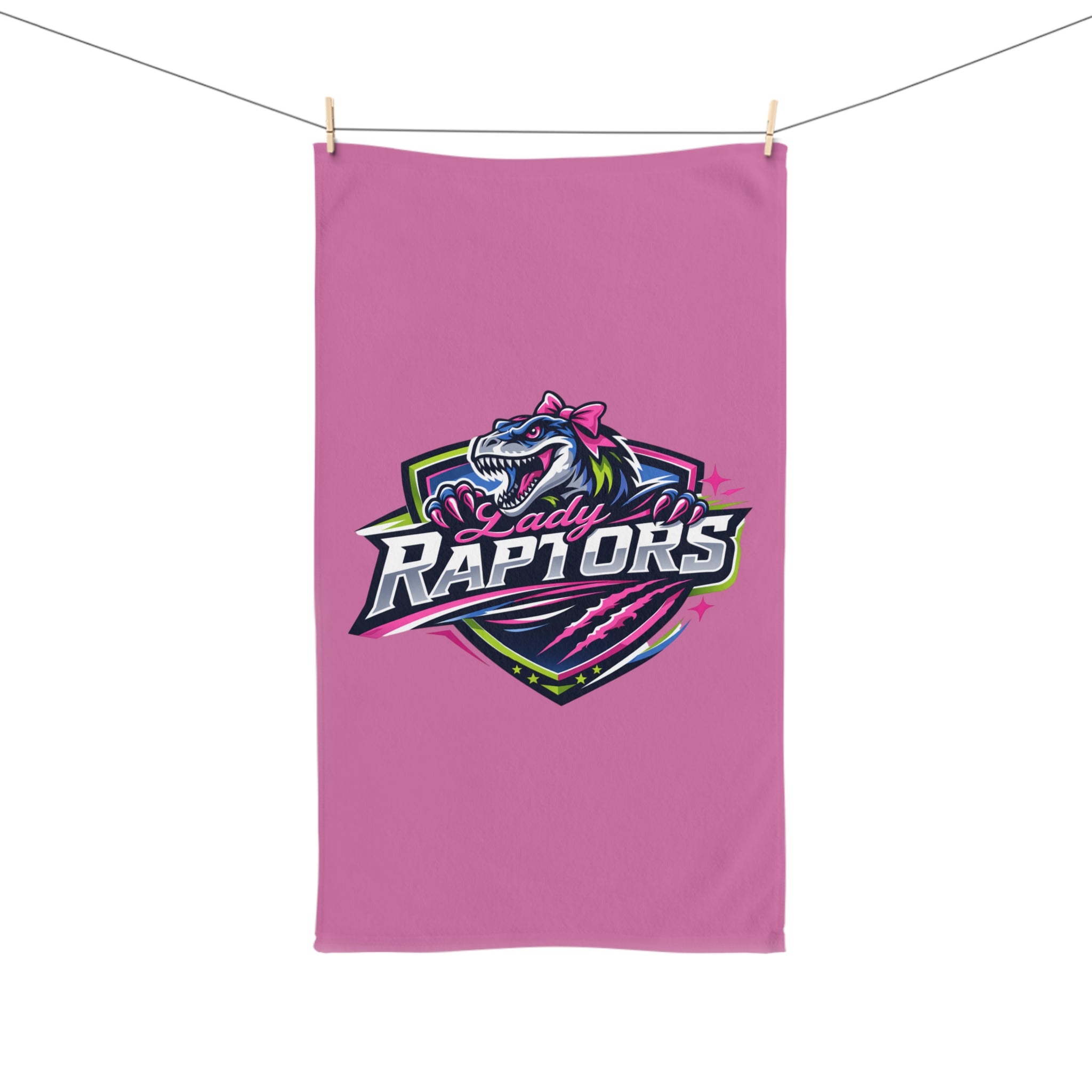 Lady Raptors Pink Hand Towel – Sporty Dinosaur Logo, Team Spirit Gift