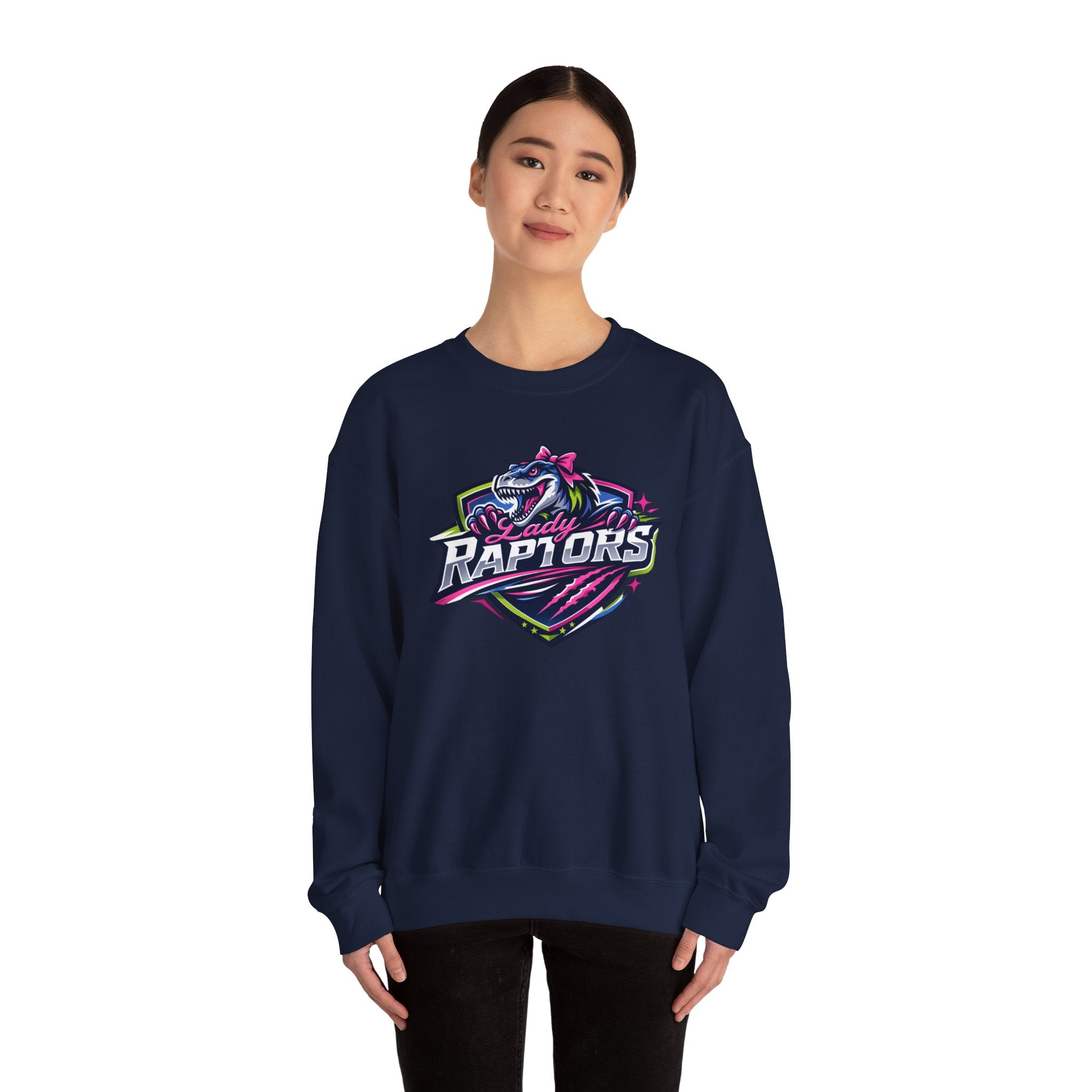 Lady Raptors Crewneck Sweatshirt — Neon Dinosaur Sports Logo