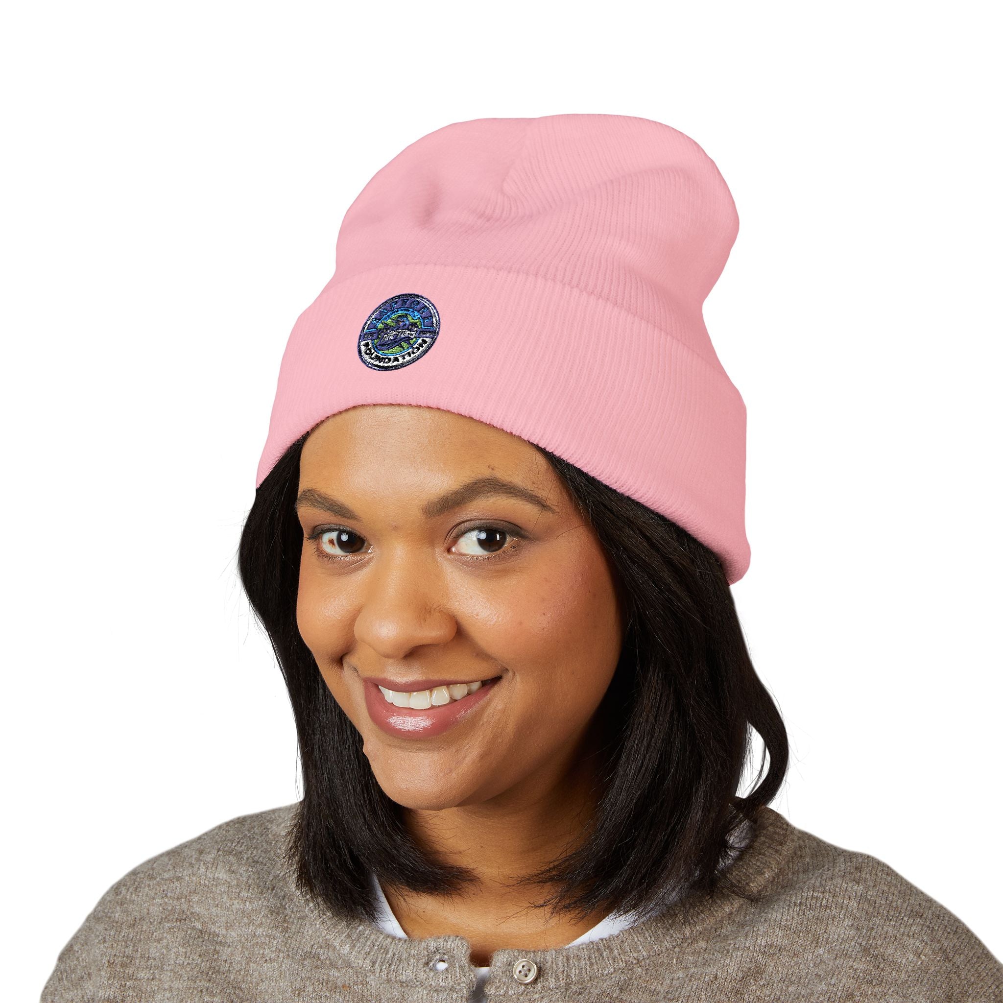 Embroidered Earth Cuffed Beanie — Eco Globe Patch Winter Hat