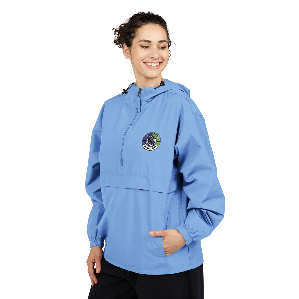 Light Blue Packable Anorak Jacket with Floral Globe Patch — Champion Windbreaker