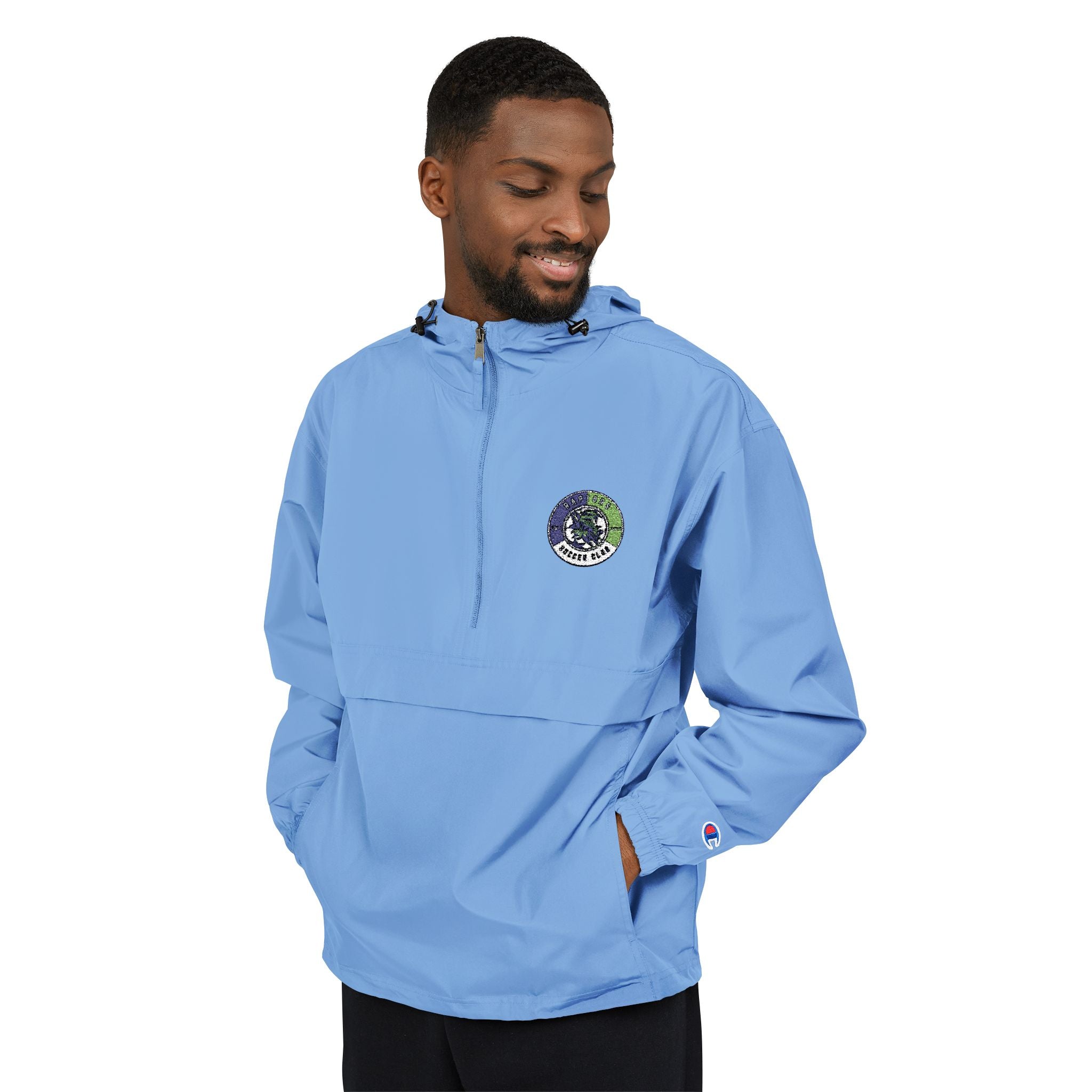 Light Blue Packable Anorak Jacket with Floral Globe Patch — Champion Windbreaker