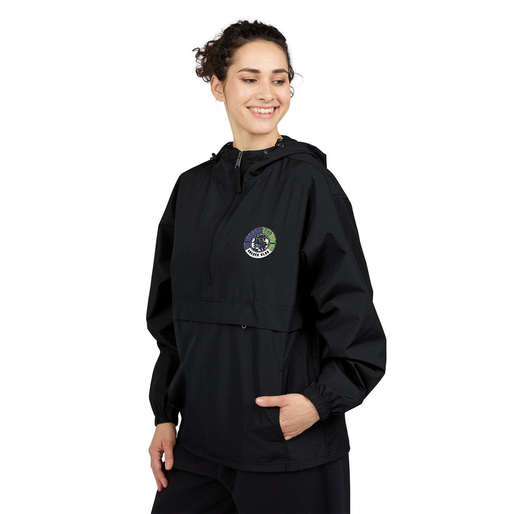 Light Blue Packable Anorak Jacket with Floral Globe Patch — Champion Windbreaker