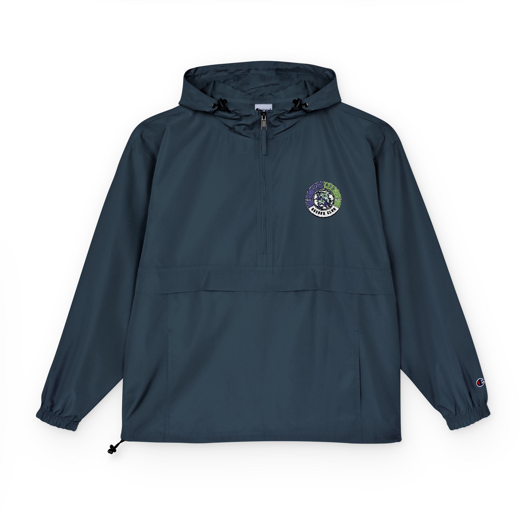 Light Blue Packable Anorak Jacket with Floral Globe Patch — Champion Windbreaker