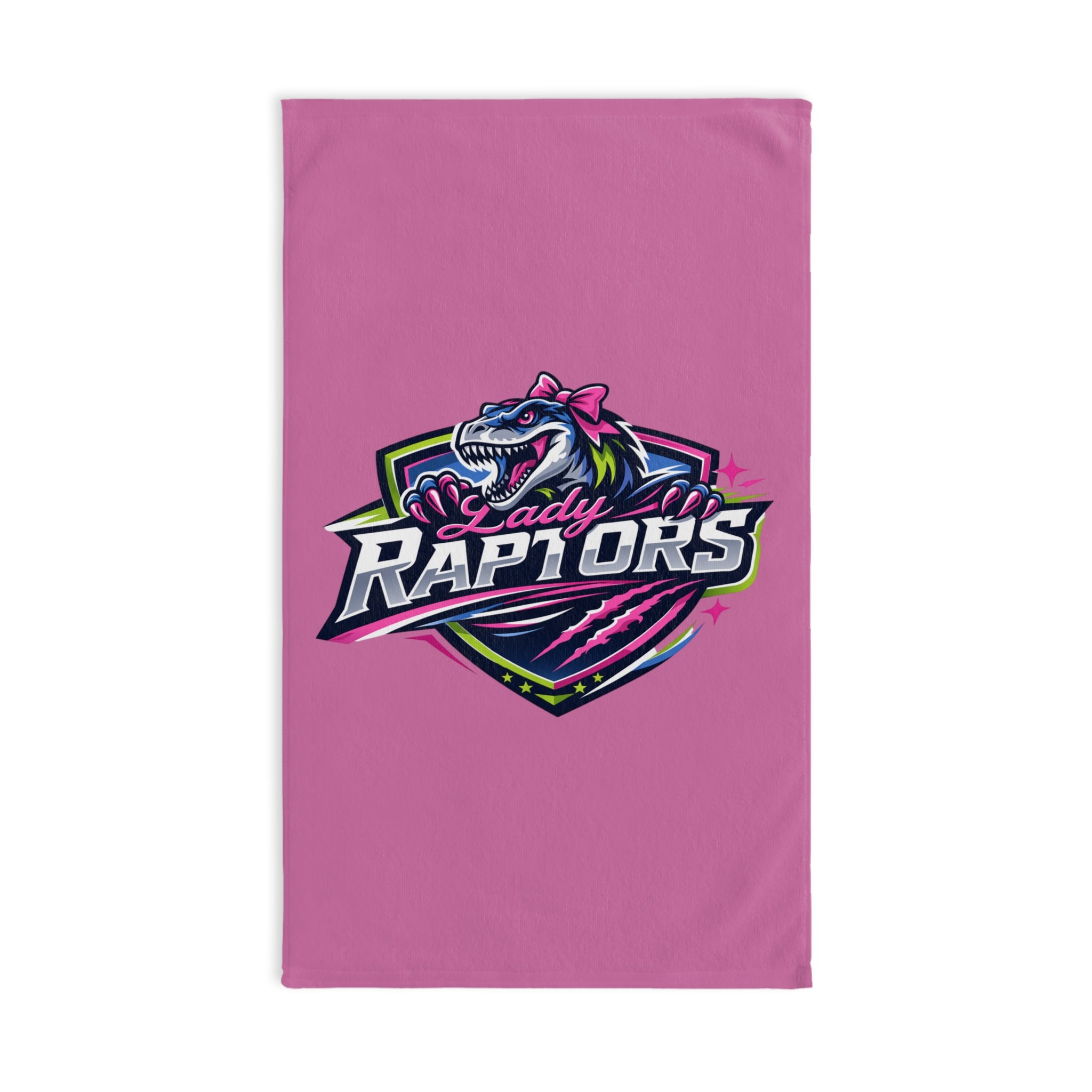Lady Raptors Pink Hand Towel – Sporty Dinosaur Logo, Team Spirit Gift