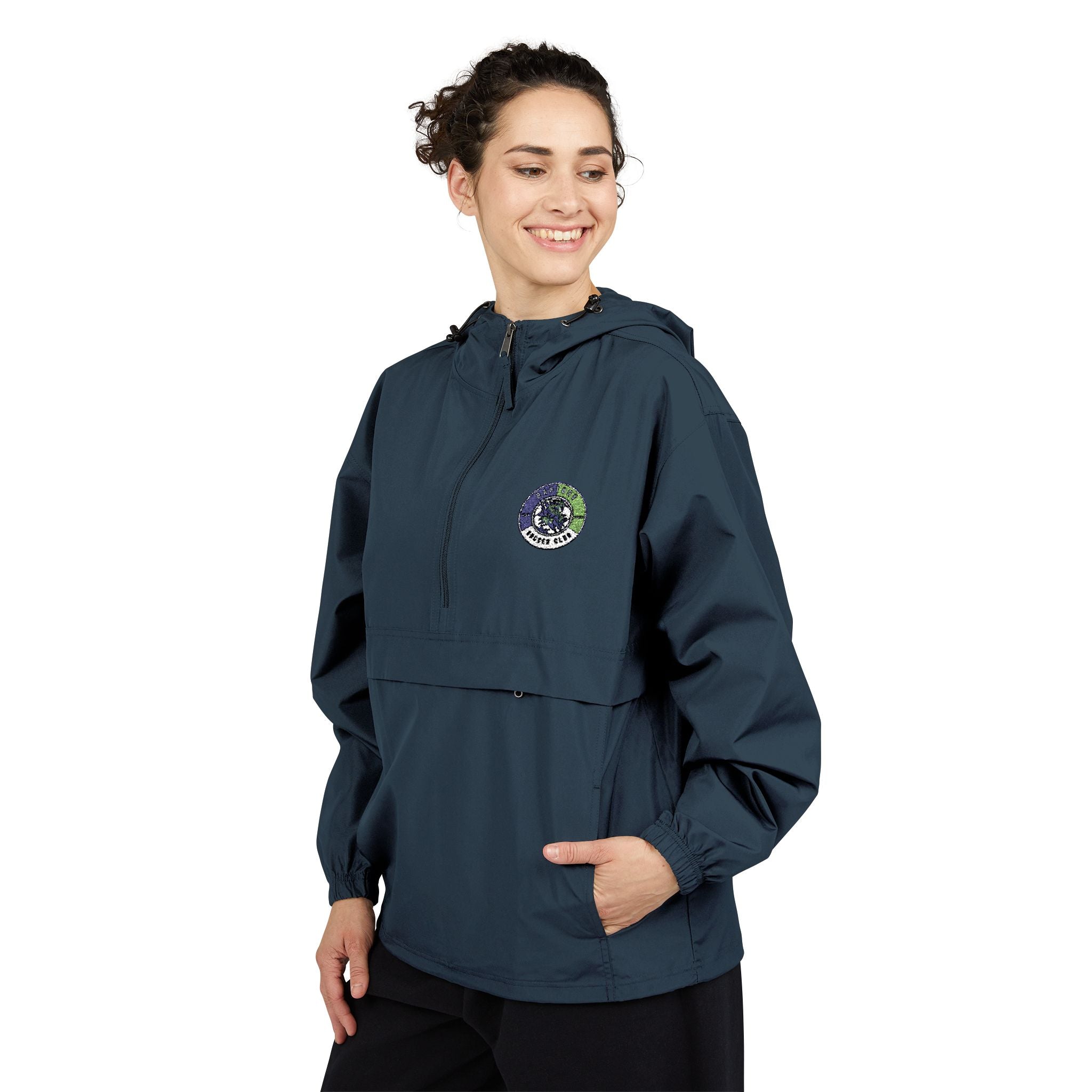 Light Blue Packable Anorak Jacket with Floral Globe Patch — Champion Windbreaker