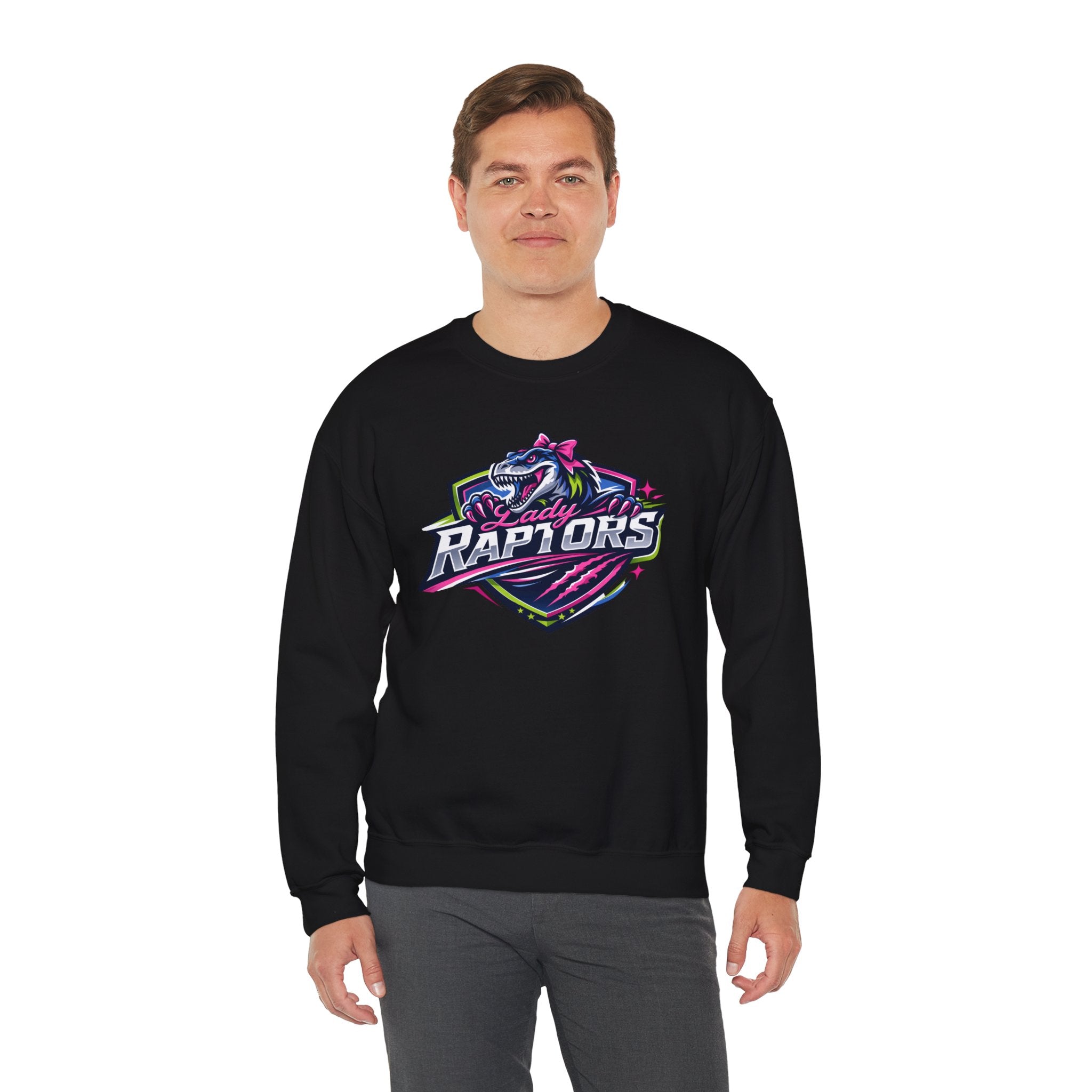 Lady Raptors Crewneck Sweatshirt — Neon Dinosaur Sports Logo
