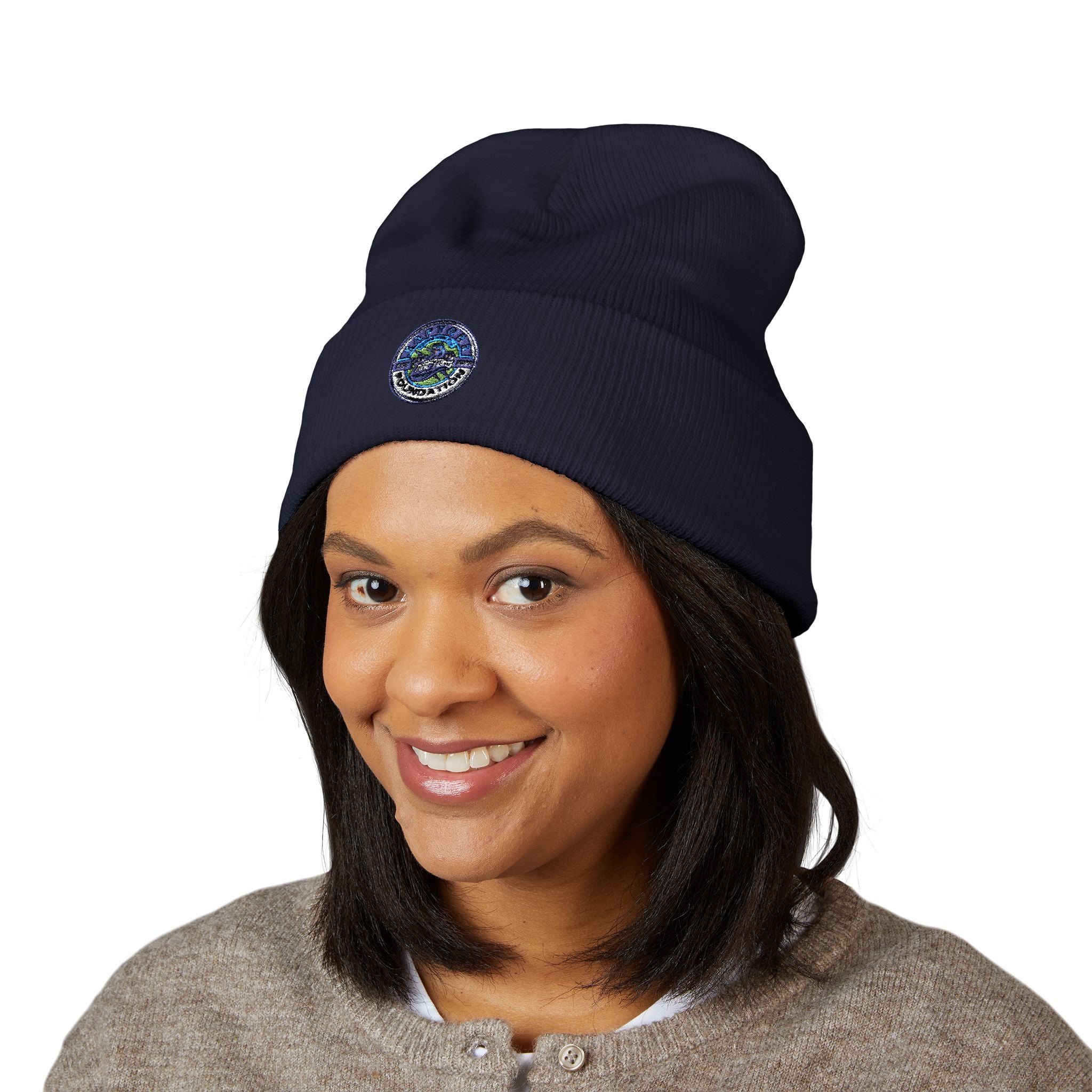 Embroidered Earth Cuffed Beanie — Eco Globe Patch Winter Hat